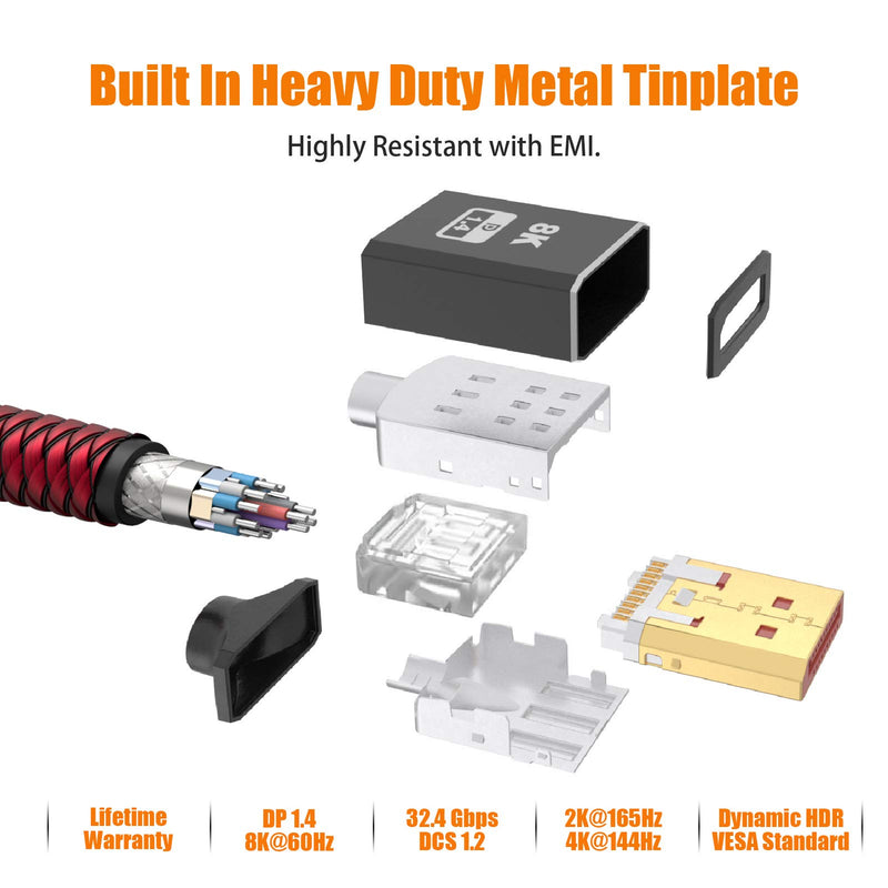 8k DisplayPort 1.4 Cable 10ft, BIFALE DP 1.4 Cable Nylon Braided Supports (8K@60Hz, 4K@144Hz and 1080P@240Hz), HBR3, 32.4Gbps, HDCP 2.2, HDR, DSC 1.2 for Laptop PC TV Gaming Monitor 10Feet
