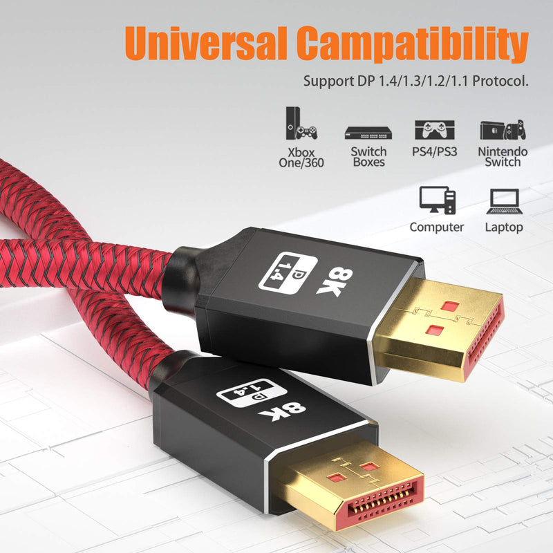 8k DisplayPort 1.4 Cable 6ft 2Pack, BIFALE DP 1.4 Cable Nylon Braided Supports (8K@60Hz, 4K@144Hz and 1080P@240Hz), HBR3, 32.4Gbps, HDCP 2.2, HDR, DSC 1.2 for Laptop PC TV Gaming Monitor 6Feet-2Pack