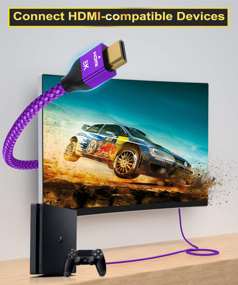8K 60Hz HDMI Cable 10FT 2-Pack,Certified 48Gbps 7680P Ultra High Speed HDMI Cord for Apple TV,Roku,Samsung QLED,2.0 2.1,Sony Playstation,PS5,PS4,Xbox One Series X,eARC HDR HDCP 2.2 2.3,4K 120Hz 144Hz Purple