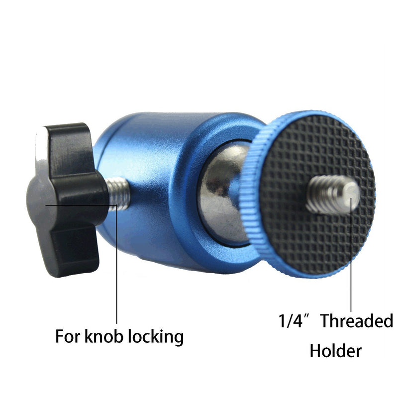 EXMAX Mini Ball Head Aluminum Alloy Tripod Ball Head with 1/4" Screw Thread Base Mount 360 Degree Rotatable for Monopods DSLR Cameras HTC Vive Camcorder Light Stand Ring Light Max. Load 4.4lbs (Blue) Blue