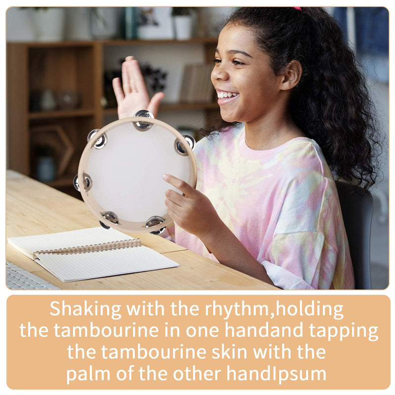 Dreokee Tambourine for Adults, 8 inch Wood Handheld Tambourine Single Row 6 Pairs Jingles 8inches