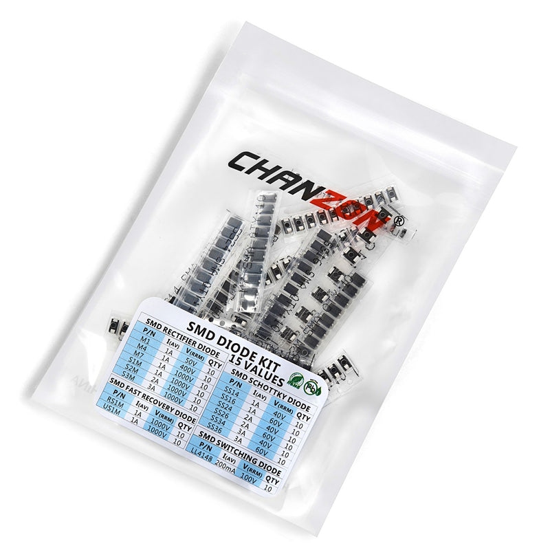 Chanzon SMD Fast Switching/Schottky/Rectifier Diode Assorted Kit (15 Values Total 150pcs: M1 M4 M7 S1M S2M S3M SS14 SS16 SS24 SS26 SS34 SS36 RS1M US1M LL4148) Electronic Component Assortment Set