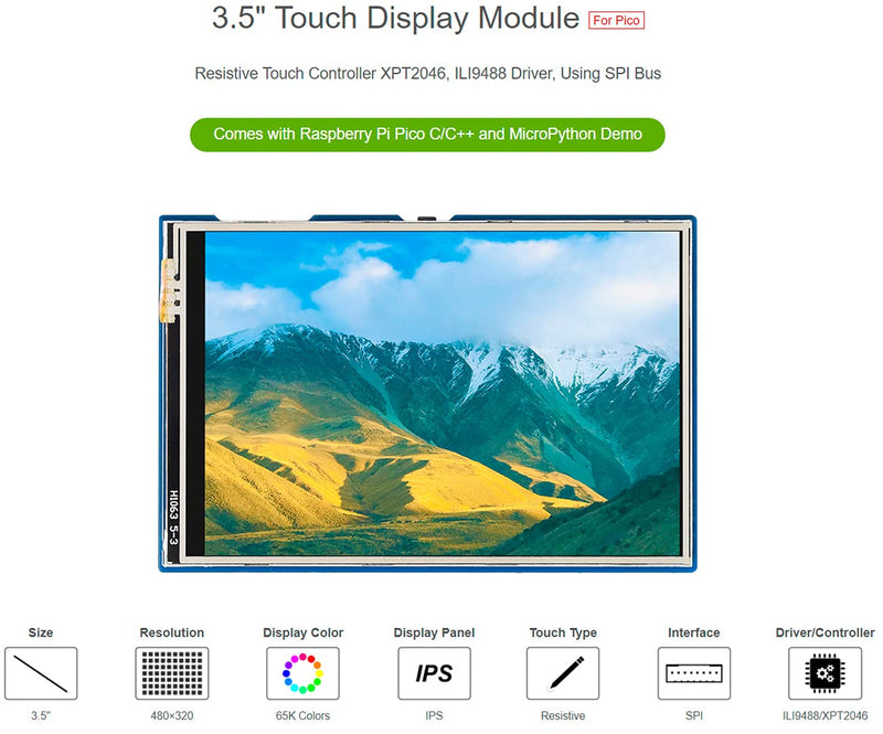 3.5inch Resistive Touch Display LCD for Raspberry Pi Pico, 65K Colors, 480×320 Pixel,Touch Controller XPT2046 ILI9488 Driver Using SPI Bus
