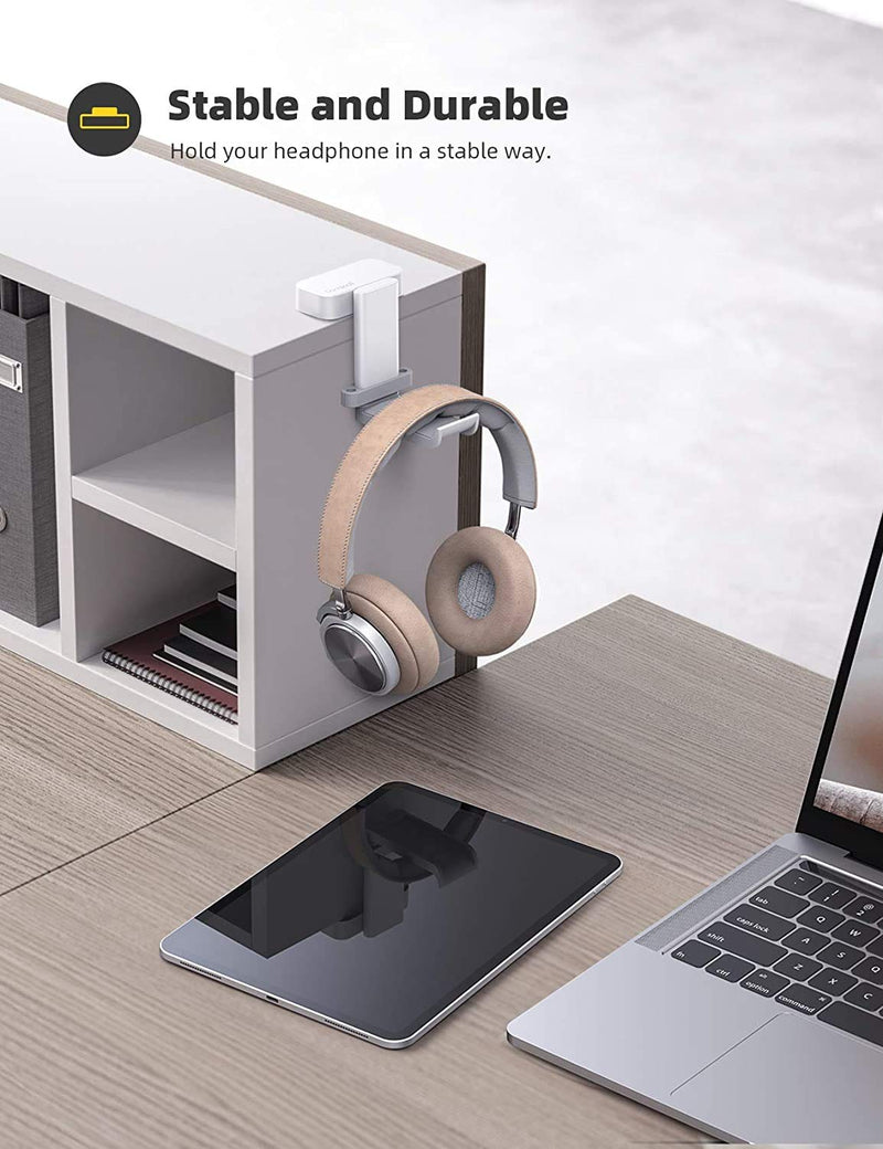 Lamicall Headphone Stand, Headset Hanger - 360 Degree Rotation Earphone Stick Hook Holder Mount, Table Headphone Stand with Cable Organizer, Gaming Headset Clamp for HyperX, Sennheiser, Sony - White