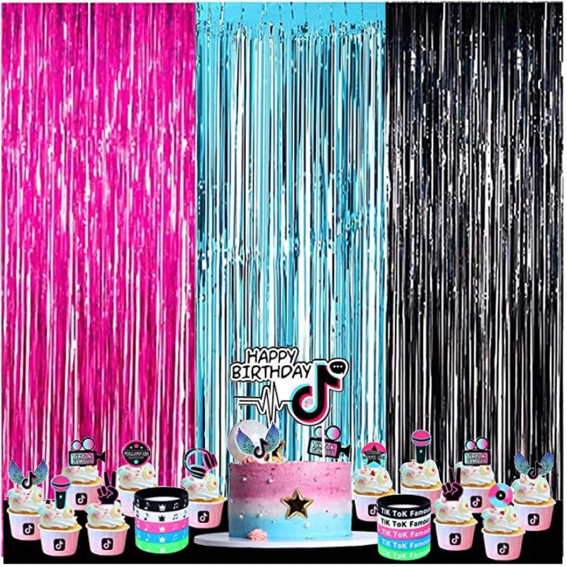 TIK Tok Birthday Decorations TIK TOK Party Photo Backdrop, TIK Tok Party Decorations Fuchsia Black Teal Foil Curtains for TIK Tok Party