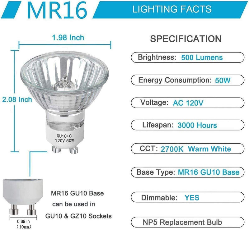 GU10 Bulb, 6 Pack Halogen GU10 120V 50W, Dimmable, MR16 GU10 Light Bulb with Long Lasting Lifespan, gu10+c 120v 50w for Track&Recessed Lighting, Gu10 Base Bulb, W50MR16/FL/GU10