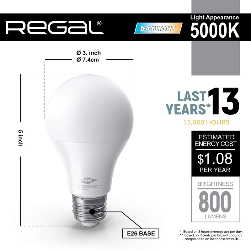 Regal LED A19 Light Bulb 5000K Daylight 800-Lumen, 9-Watt (60-Watt Equivalent), E26 Base, 5000 Kelvin, Day Light, 5-Pack, Non-Dimmable Daylight (5000K) Pack of 5 Bulbs