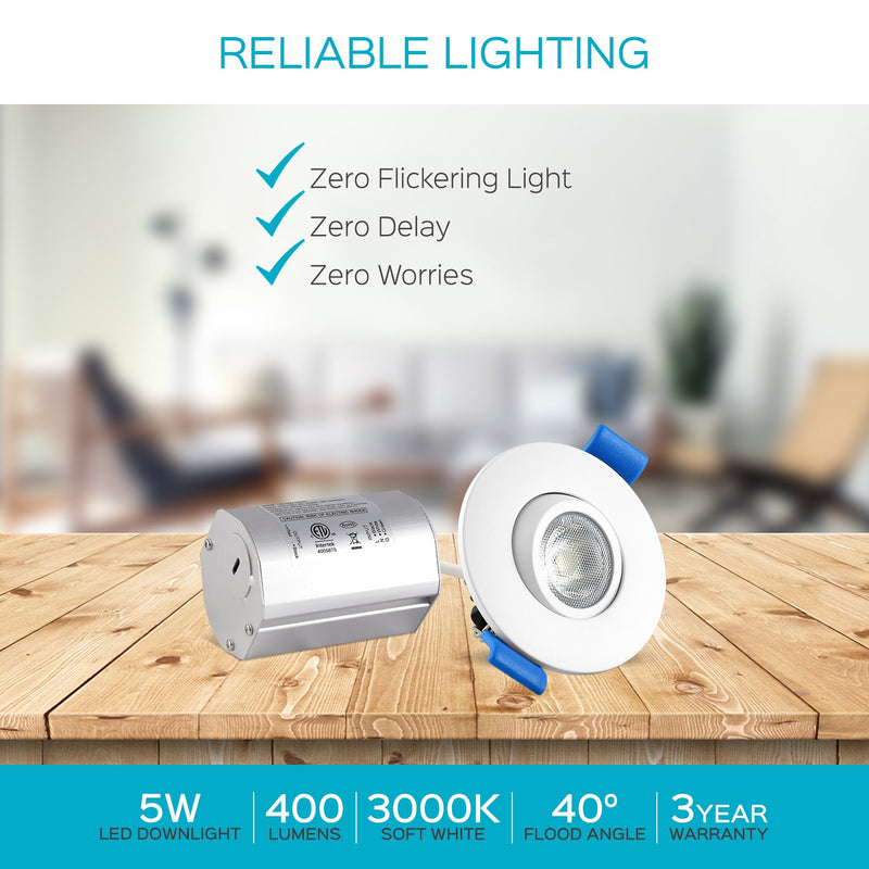 Luxrite 2 Inch Gimbal LED Recessed Light with Junction Box, 5W, 3000K Soft White, 400 Lumens, Dimmable Downlight, Energy Star & IC Rated, Damp Location - Adjustable Recessed Lighting 3000k (Soft White)