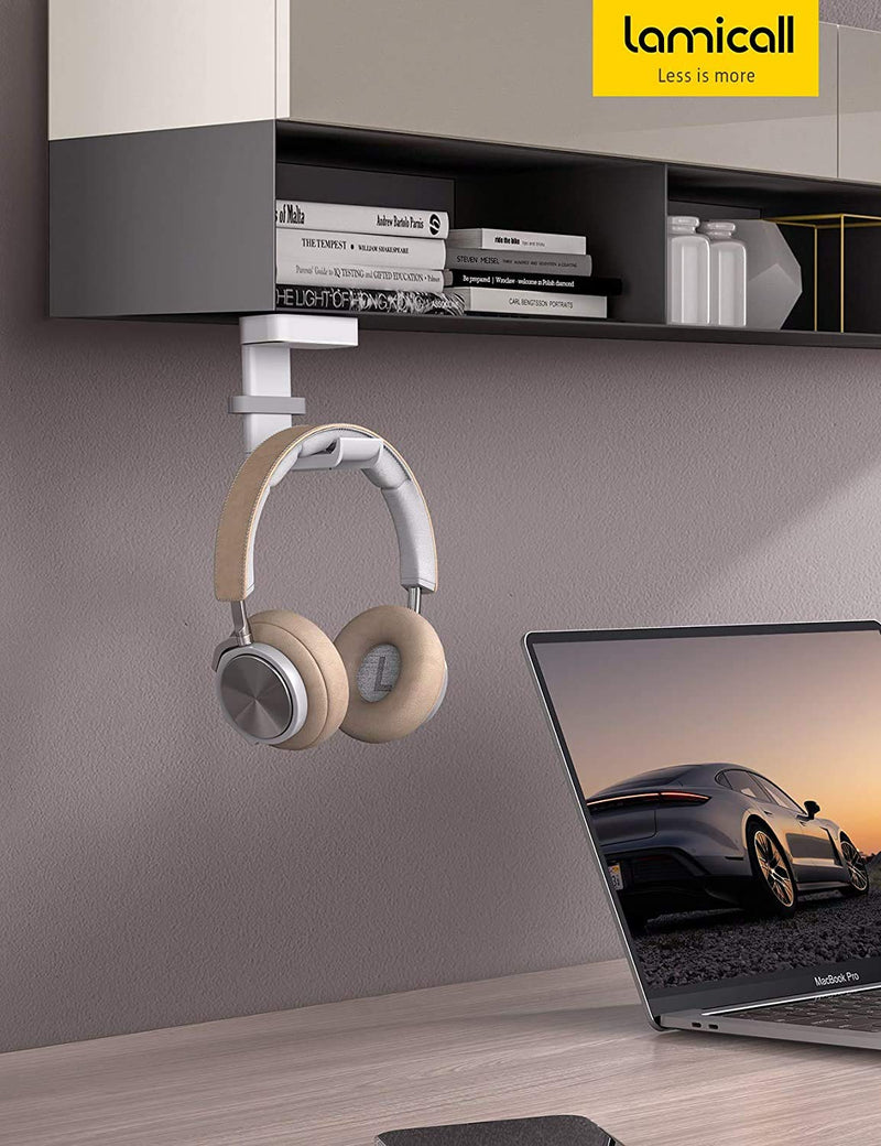 Lamicall Headphone Stand, Headset Hanger - 360 Degree Rotation Earphone Stick Hook Holder Mount, Table Headphone Stand with Cable Organizer, Gaming Headset Clamp for HyperX, Sennheiser, Sony - White