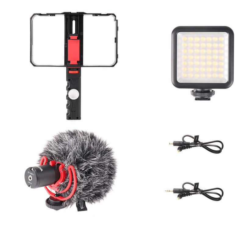 FocusFoto Smartphone Video Rig Camera Cage Mount Holder Stabilizer (Removable Handle Grip Version) with BOYA by-MM1 Microphone Mic + 49 LED Light Kit for Mobile Phone iPhone Filmmaking Videomaker