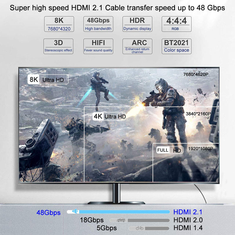 8K HDMI 2.1 Cable,Ultra High Speed 48Gbps 7680P eARC HDR HDCP HDMI 2.1 Cable Backward Compatible with 4K 2K for Apple TV/PS5/PS4/Xbox Series X/Switch(2M/6FT) 2M/6FT