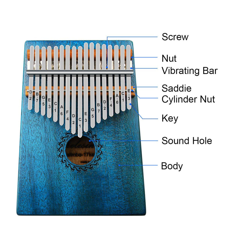 Kalimba Thumb Piano 17 Keys with mahogany Wood Portable Mbira Finger Piano Gifts for Kids and piano Beginners Professional (Bright blue)