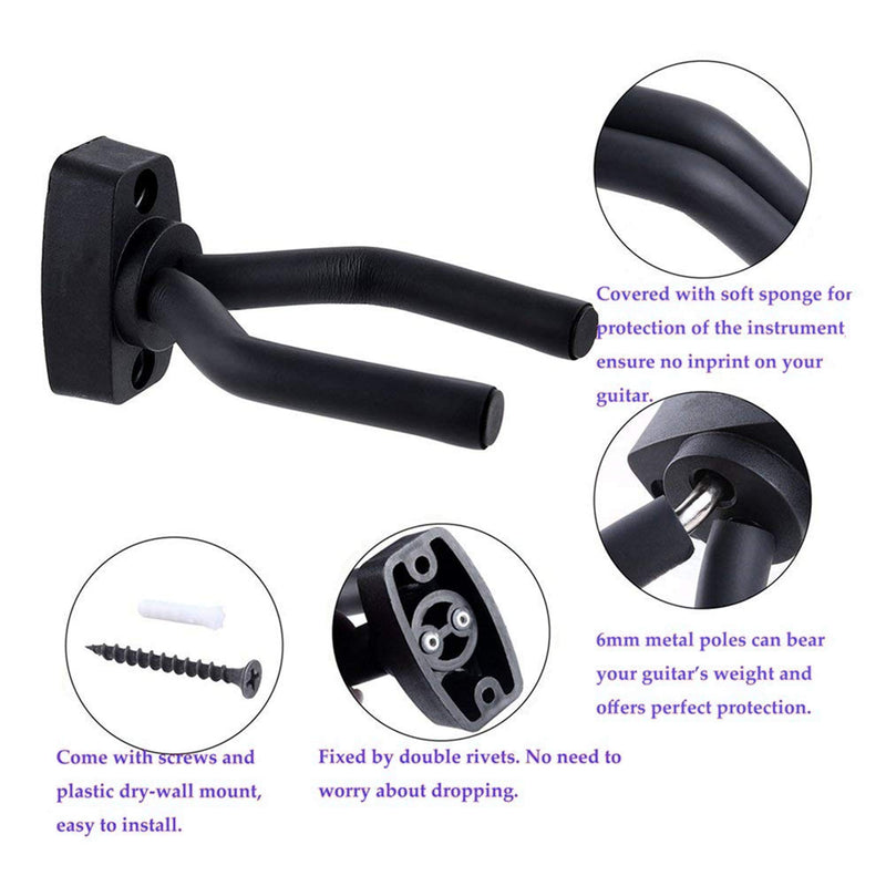 Guitar Wall Mount Hanger 6 Pack, Guitar Hanger Wall Hook Holder Stand Black Display with Screws - Easy To Install - Fits All Size Guitars, Bass, Mandolin, Banjo, Ukulele Black 6 Pack