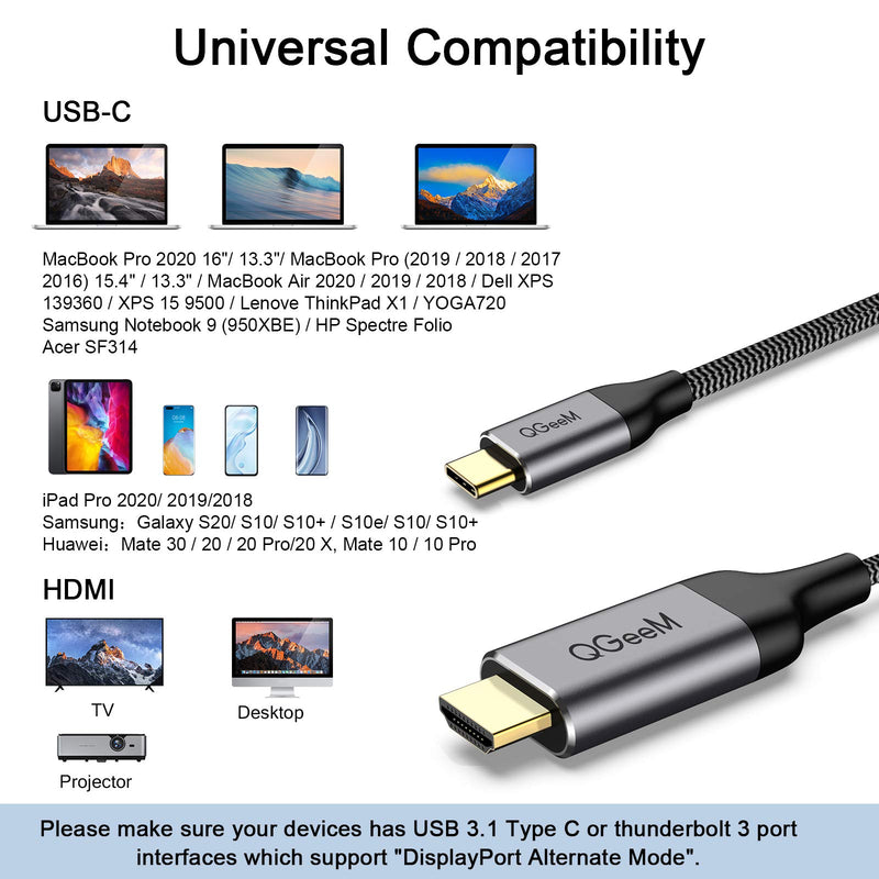 QGeeM USB C to HDMI Cable Adapter,QGeeM 6ft Braided 4K@60Hz Cable Adapter(Thunderbolt 3 Compatible) Compatible with iPad Pro,MacBook Pro 2018 iMac, Pixel,Galaxy S9 Note9 S8 Surface Book hdmi USB-c