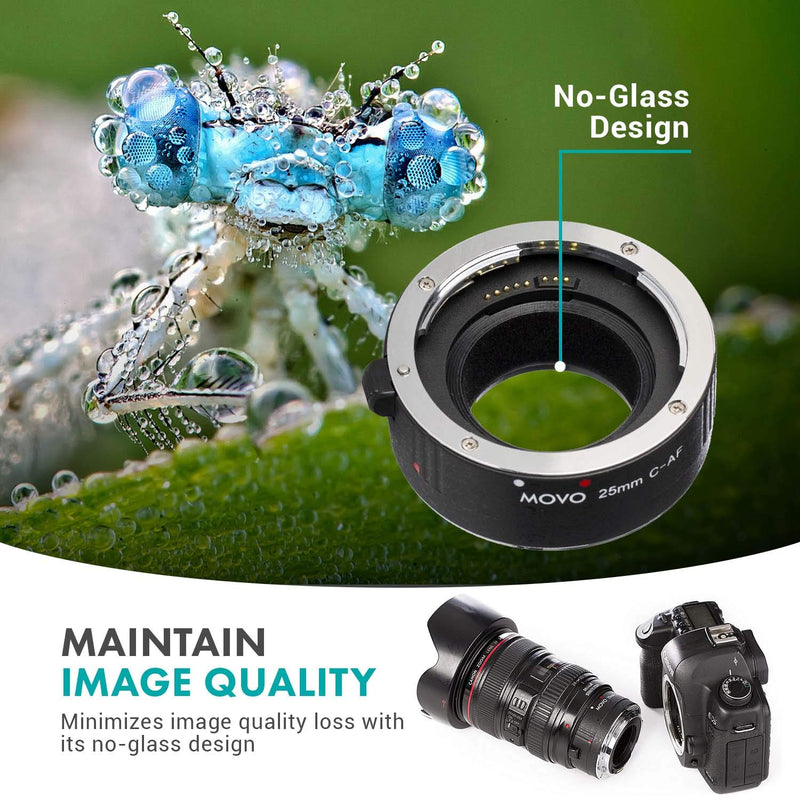 Movo MT-C25 25mm AF Chrome Macro Extension Tube for Canon EOS DSLR Camera and EF, EF-S Lenses