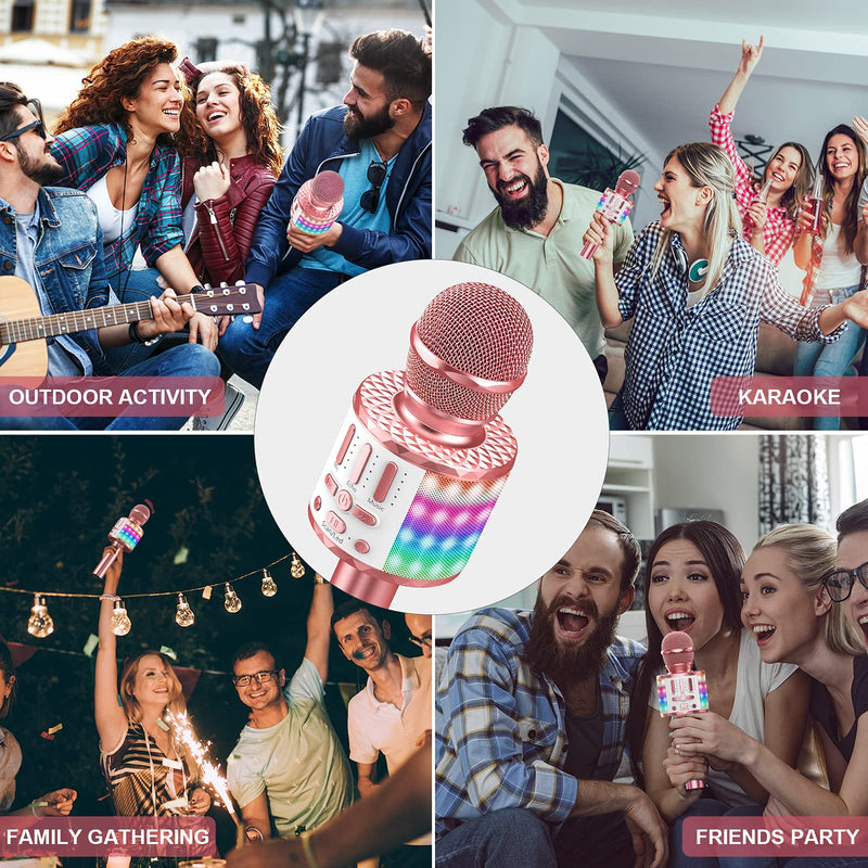 Wireless Microphone with Lights, Karaoke Bluetooth Microphone for Kids Adults, Portable Toy Karaoke Mic Speaker Machine, Home KTV Player Support Phone/Pad/TV for Party Singing, Boys Girls Best Gifts Rose