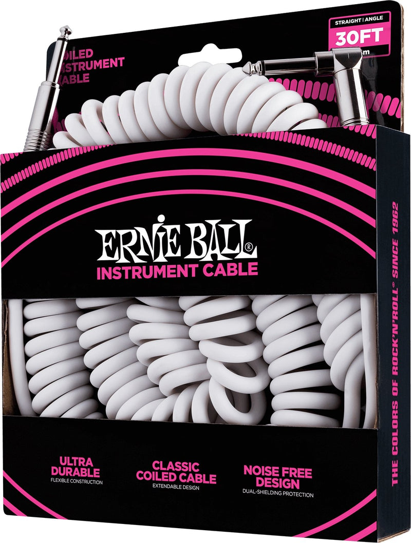 Ernie Ball P06045 30' Coiled Straight / Angle Instrument Cable - White 30 ft