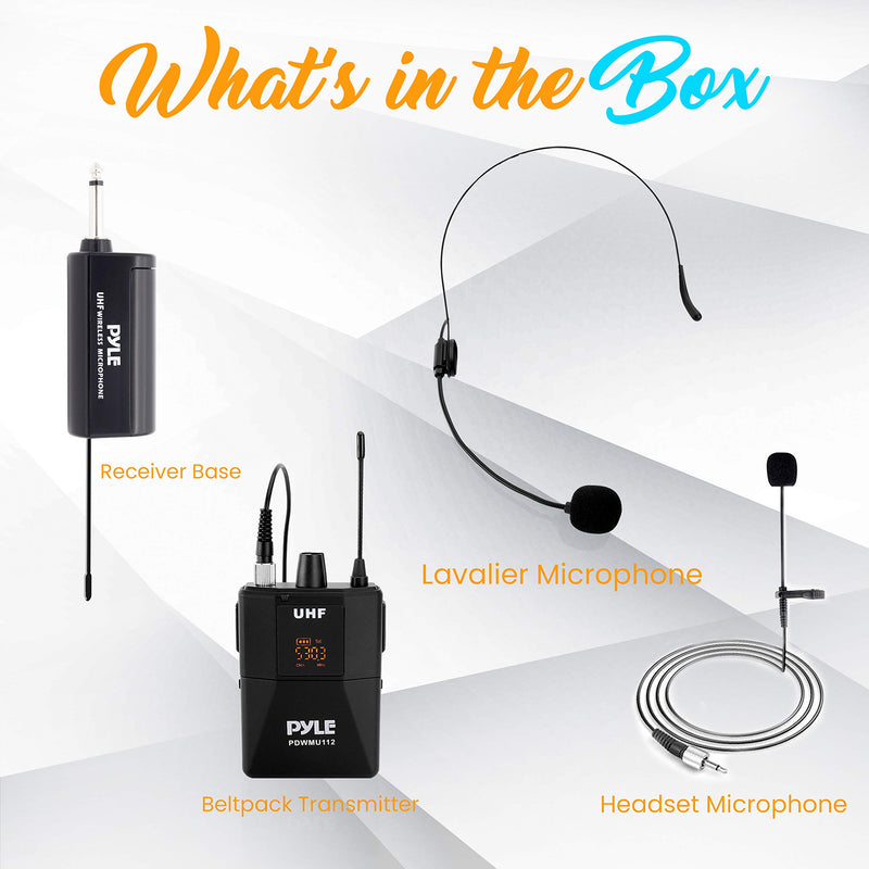 UHF Wireless Microphone System Kit - Portable Professional Cordless Microphone Set Wireless Mic Kit w/Headset Mic, Lavalier Mic, Beltpack Transmitter, Receiver - Karaoke & Conference - Pyle  PDWMU112