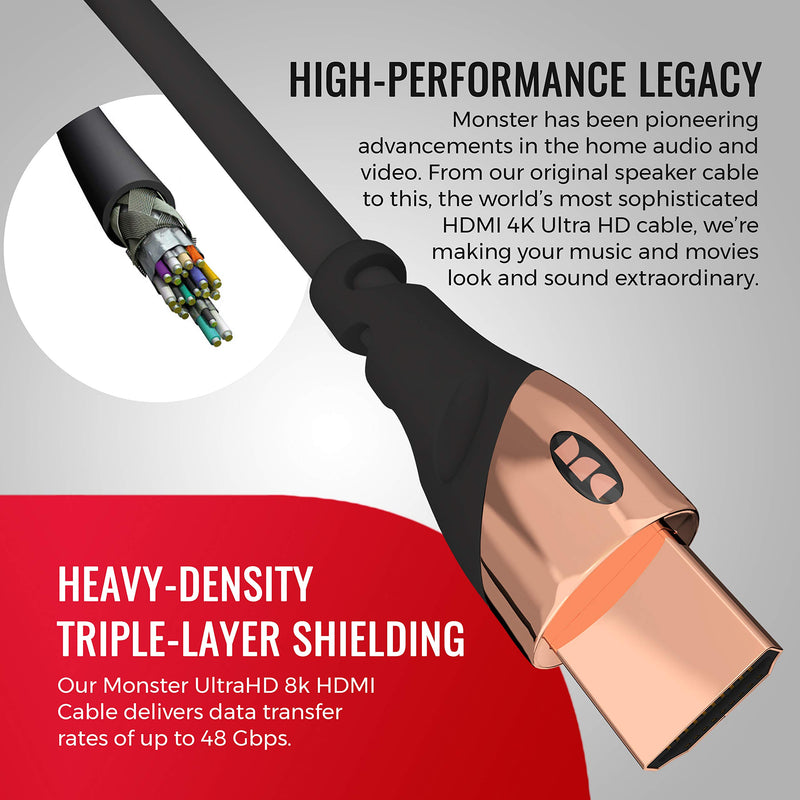 Monster HDMI Cable 4k Ultra HD 6ft with Ethernet Cord - 60/120 Hz Refresh Speed - 21Gbps High Definition 1080p Video - Corrosion-Resistant 24k Rose Gold Contacts and V-Grip Connection 6 FT Black