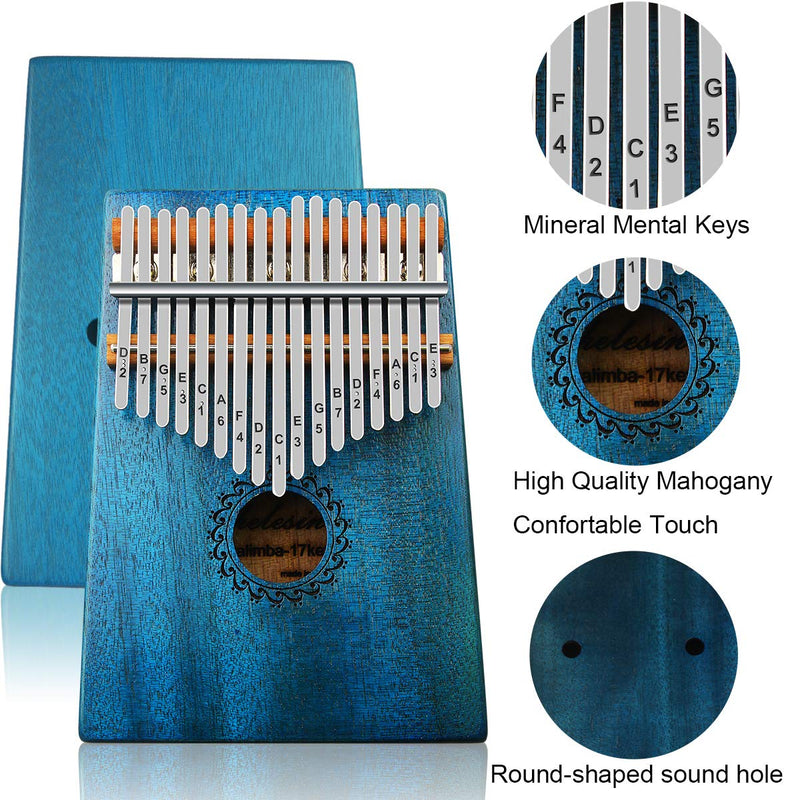 Kalimba Thumb Piano 17 Keys with mahogany Wood Portable Mbira Finger Piano Gifts for Kids and piano Beginners Professional (Bright blue)