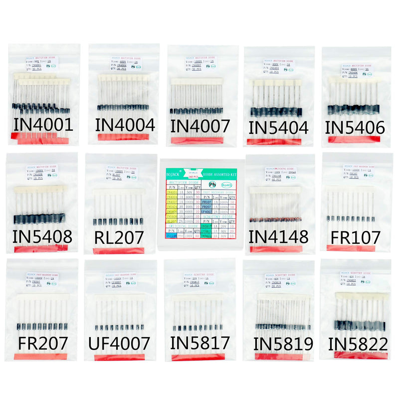 BOJACK 14 Value 240 pcs Diode Assortment Kit Contain Rectifier/Fast Recovery/Schottky/Switching Diode 1N4001 1N4004 1N4007 1N5404 1N5406 1N5408 RL207 FR107 FR207 UF4007 1N5817 1N5819 1N5822 1N4148
