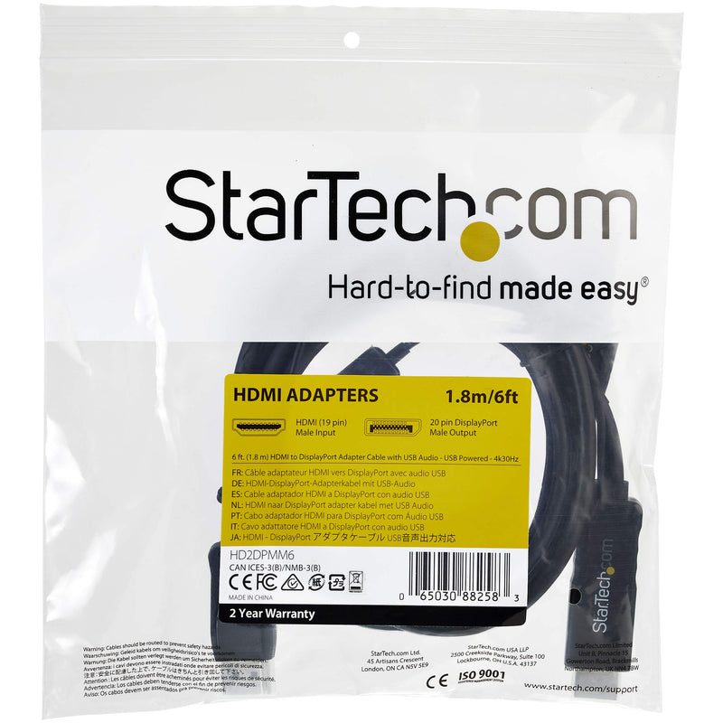 StarTech.com 6ft (2m) HDMI to DisplayPort Cable 4K 30Hz - Active HDMI 1.4 to DP 1.2 Adapter Converter Cable with Audio - USB Powered - Mac & Windows - HDMI Laptop to DP Monitor - Male/Male (HD2DPMM6)