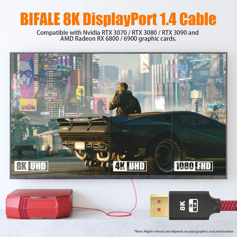 8k DisplayPort 1.4 Cable 6ft 2Pack, BIFALE DP 1.4 Cable Nylon Braided Supports (8K@60Hz, 4K@144Hz and 1080P@240Hz), HBR3, 32.4Gbps, HDCP 2.2, HDR, DSC 1.2 for Laptop PC TV Gaming Monitor 6Feet-2Pack