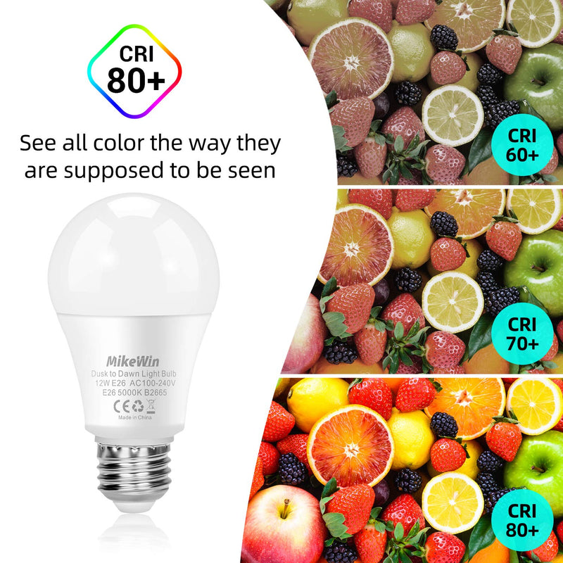 MikeWin Outdoor Dusk to Dawn Light Bulbs 2 Pack, 12W(100W Equivalent), E26 5000K, Built-in Photocell Detector, Auto On/Off, Smart Sensor LED Lighting Bulb for Porch Hallway Garage Boundary Cool White 5000K 2p