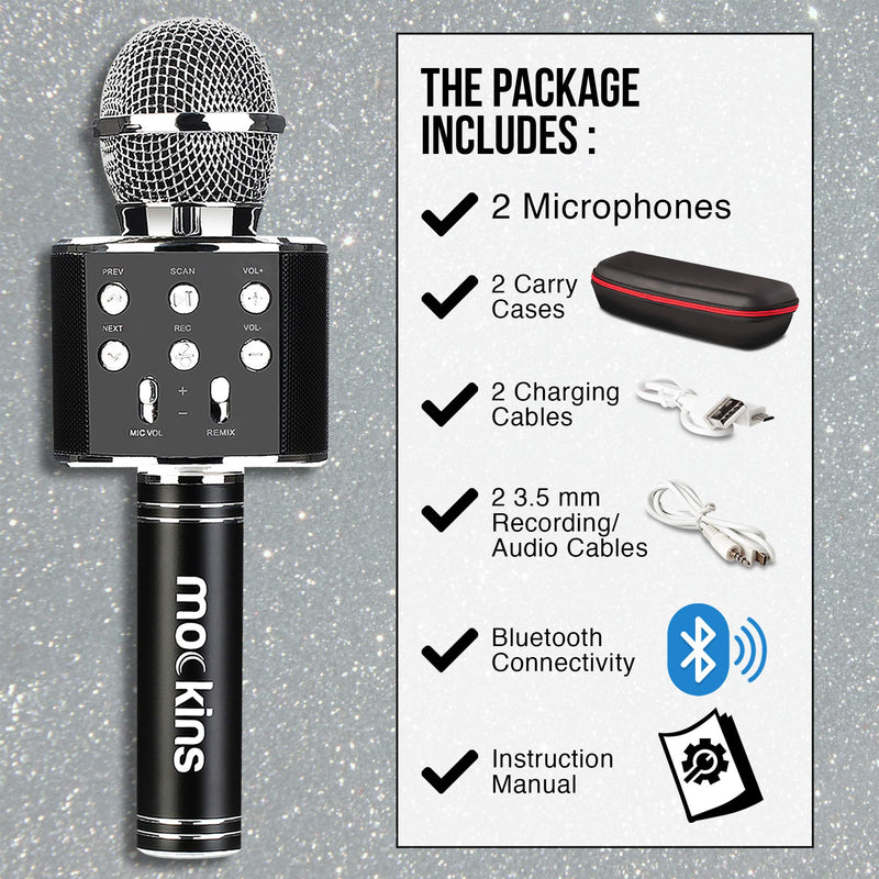 Mockins 2 Pack Black Wireless Bluetooth Karaoke Microphone with Built in Bluetooth Speaker All-in-One Karaoke Machine | Compatible with Android & iOS iPhone