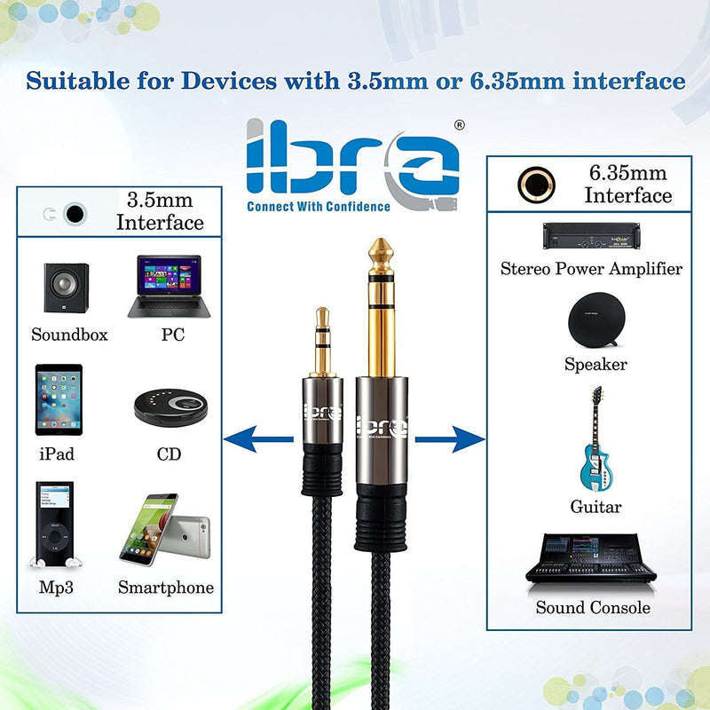 IBRA 6.35mm 1/4" to 3.5mm 1/8" Cable 2m | 6.35mm male to 3.5mm male Audio Cable adapter Nylon Mesh for iPod, Laptop,Home Theater Devices, and Amplifiers | 6.35 to 3.5