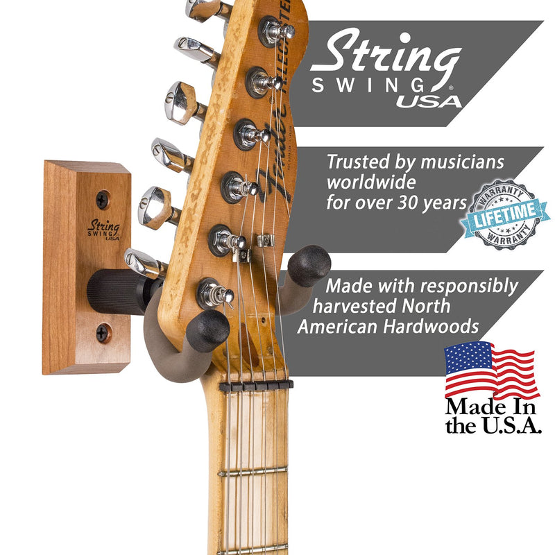 String Swing Guitar Hanger – Holder for Electric Acoustic and Bass Guitars – Stand Accessories for Home or Studio - Musical Instruments Safe without Hard Cases - Cherry Hardwood Wall Mount 2 Pack