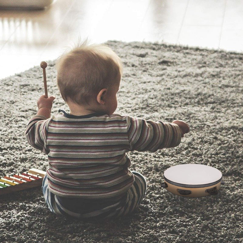 Dreokee Tambourine for Adults, 8 inch Wood Handheld Tambourine Single Row 6 Pairs Jingles 8inches