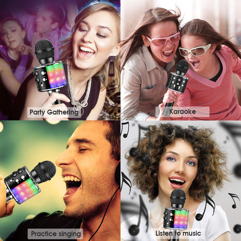 ShinePick Bluetooth Karaoke Wireless Microphone, 4 in 1 Microphone Portable Microphone for Kids, Home KTV Player, Compatible with Android & iOS Devices (Black) black