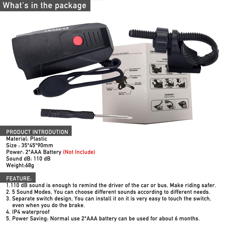 DAWAY A14 Loud Electric Bike Horn - 5 Modes Sound 110 DB Bicycle Cycling Handlebar Ring Alarm Bells with Free Screwdriver, Practical Gift for Kids Adults