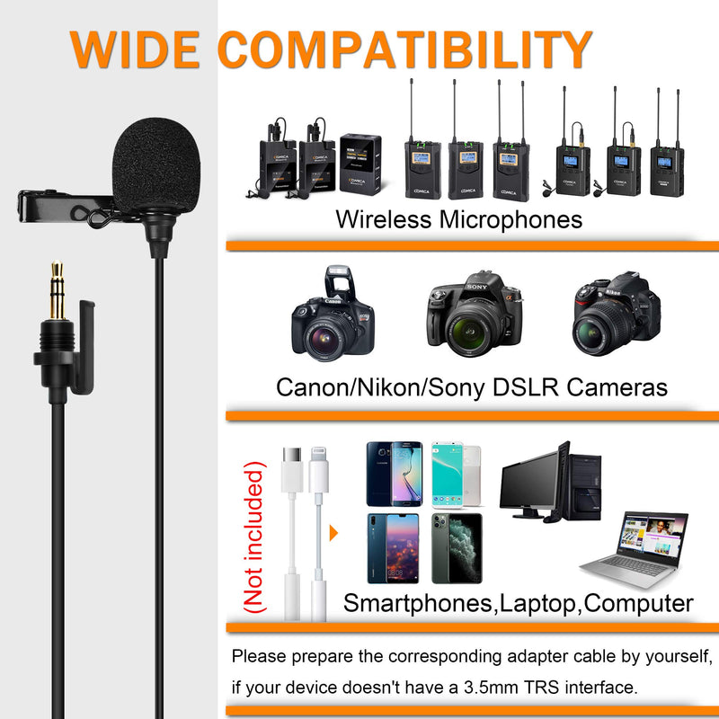 Comica CVM-SM-O1 Professional Lavalier Lapel Microphone, Omnidirectional 3.5mm TRS Clip-on Condenser Mic Compatible with DSLR Camera, Comica BoomX-D, Sennheiser, and Other Wireless Transmitter(3.94ft)