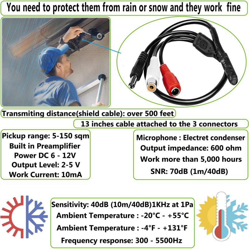 CCTV Microphone Security Outdoor Microphone Audio Microphone Tiny CCTV Surveillance Microphone RCA Microphone DVR with High Sensitive Preamp Amplified Pickup Device Mic for External Camera Sound