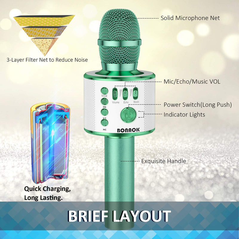 BONAOK Bluetooth Wireless Karaoke Microphone,3-in-1 Portable Handheld Karaoke Mic Speaker Machine Birthday Home Party for PC or All Smartphone Q37 (Green) Green