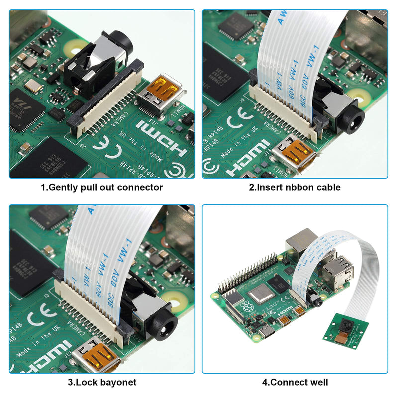 4 Pieces 5 Megapixels 1080p Sensor OV5647 Mini Camera Module with 6 Inch 15 Pin Ribbon Cable Compatible with Raspberry Pi Model A B B+, Pi 2 and Raspberry Pi 3, 3 B+, Pi 4