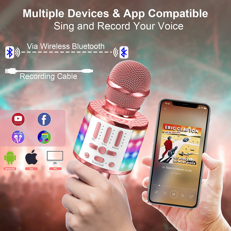 Wireless Microphone with Lights, Karaoke Bluetooth Microphone for Kids Adults, Portable Toy Karaoke Mic Speaker Machine, Home KTV Player Support Phone/Pad/TV for Party Singing, Boys Girls Best Gifts Rose