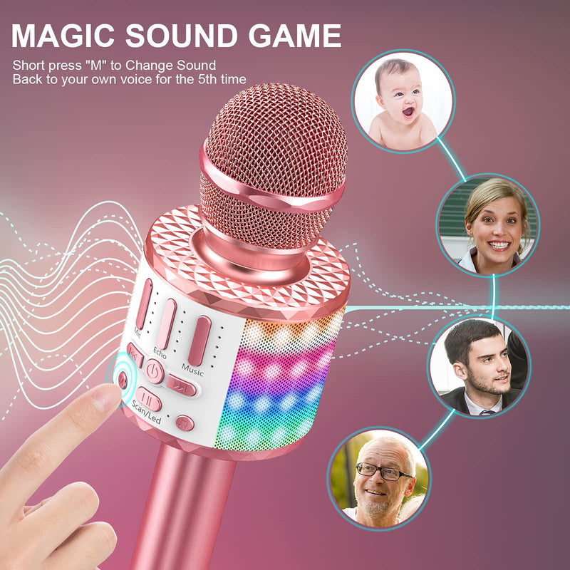 Wireless Microphone with Lights, Karaoke Bluetooth Microphone for Kids Adults, Portable Toy Karaoke Mic Speaker Machine, Home KTV Player Support Phone/Pad/TV for Party Singing, Boys Girls Best Gifts Rose