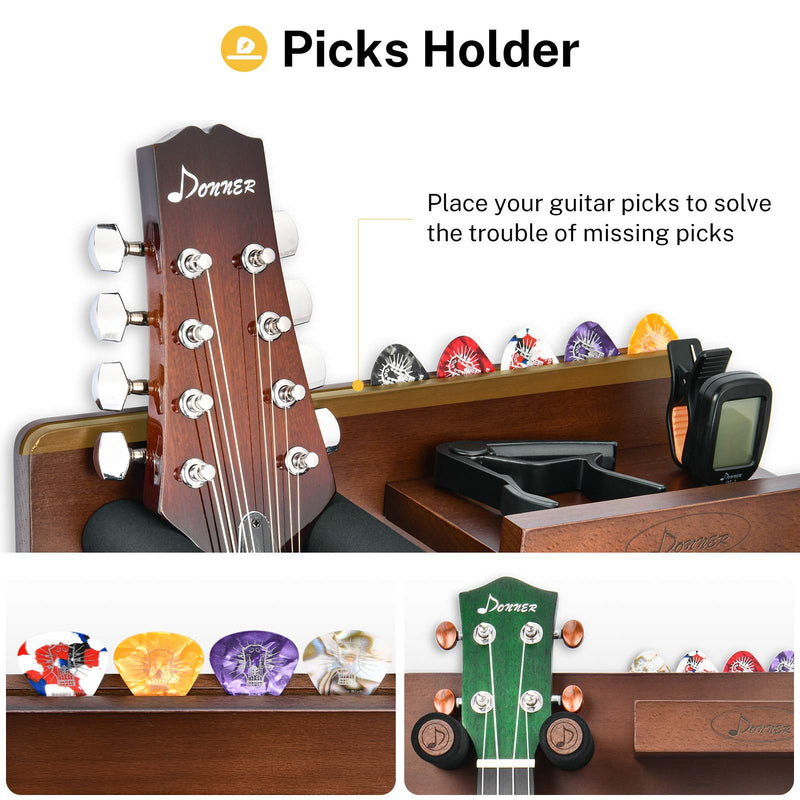 Donner Guitar Wall Mount Shelf, Guitar Wall Hanger with Storage Shelf, Pick Holder and 2 Hook, Guitar Wood Hanging Rack for Electric Guitar, Acoustic Guitar, Bass Guitar, Guitar Accessories