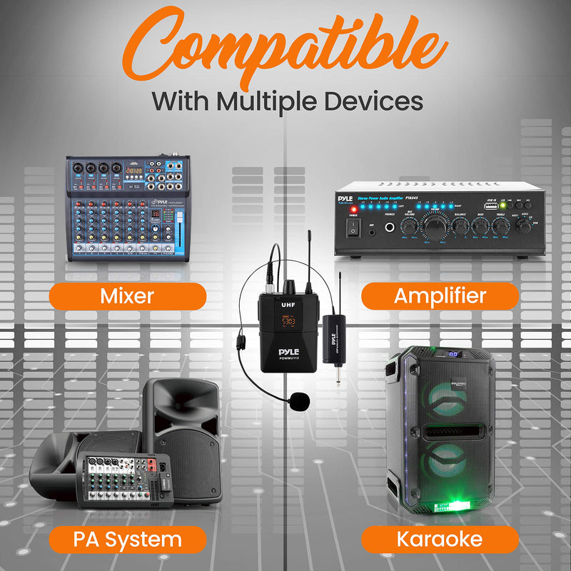 UHF Wireless Microphone System Kit - Portable Professional Cordless Microphone Set Wireless Mic Kit w/Headset Mic, Lavalier Mic, Beltpack Transmitter, Receiver - Karaoke & Conference - Pyle  PDWMU112