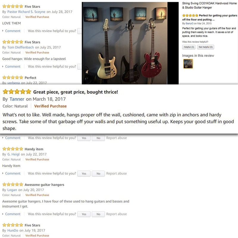 String Swing Guitar Hanger – Holder for Electric Acoustic and Bass Guitars – Stand Accessories Home or Studio Wall - Musical Instruments Safe without Hard Cases – Oak Hardwood CC01K-O 2-Pack