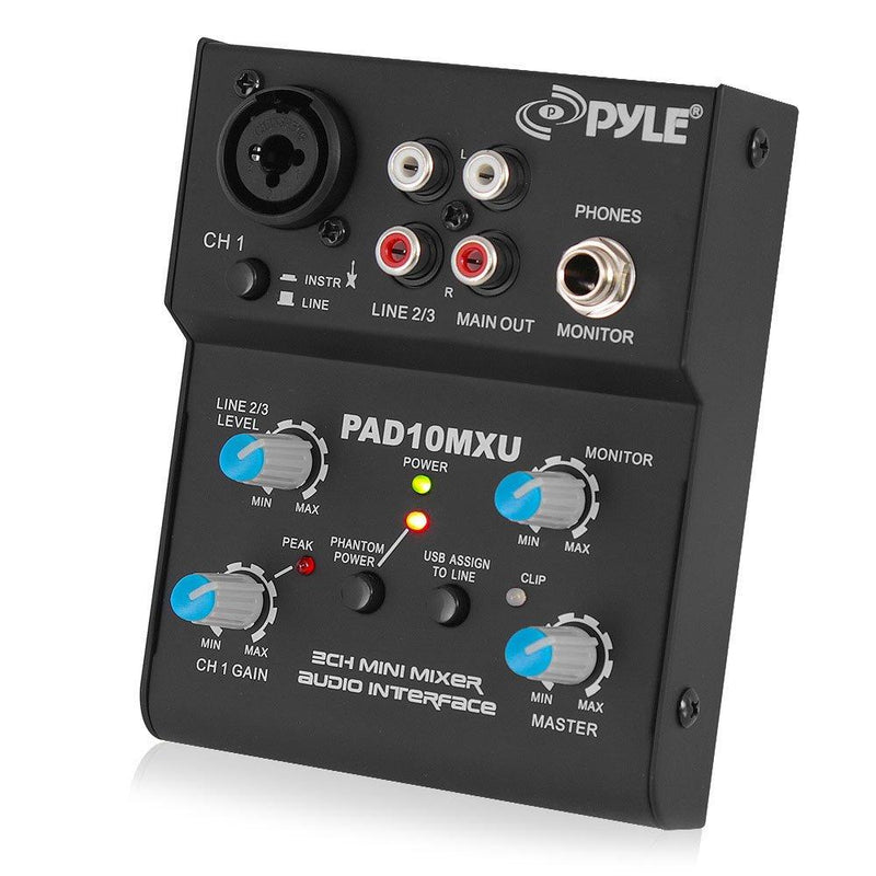 Pyle 2-Channel Audio Mixer - DJ Sound Controller Interface with USB Soundcard for PC Recording, XLR and 3.5mm Microphone Jack, 18V Power, RCA Input and Output for Professional and Beginners - PAD10MXU 2 Channel