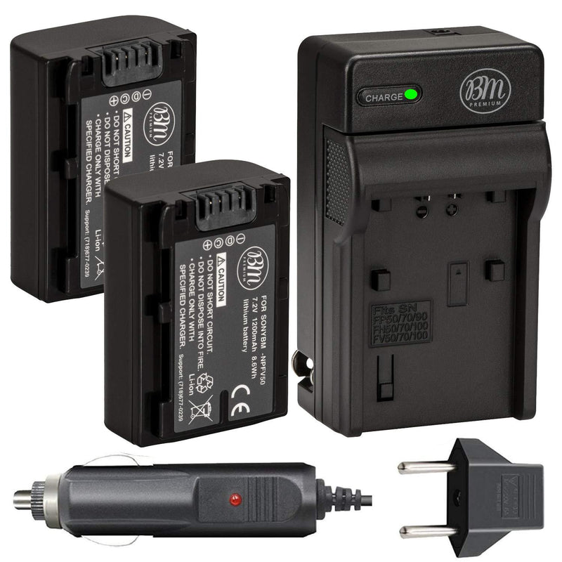 BM Premium Pack of 2 NP-FV50 Batteries and Battery Charger for Sony FDR-AX53, HDR-CX675/B, HDR-CX455/B, HDR-CX330, HDR-CX380, HDR-CX430V, HDR-CX900, TD30V, HDR-CX260V, HDR-CX580V, HDR-CX760V, HDR-PJ200, HDR-PJ230, HDR-PJ340, HDR-PJ380, HDR-PJ430V, HDR-...