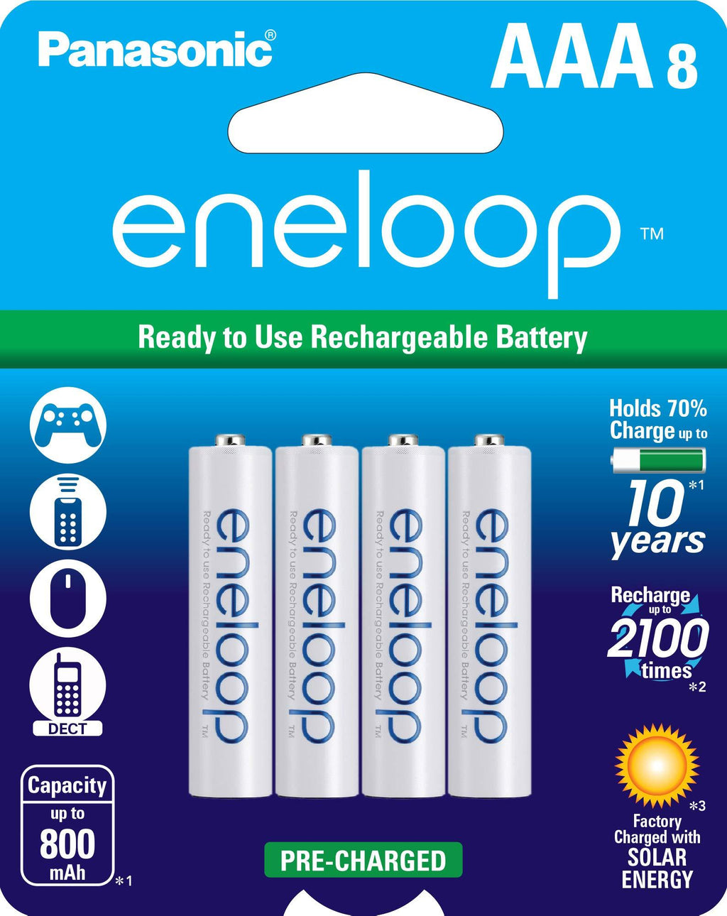 Panasonic BK-4MCCA8BA eneloop AAA 2100 Cycle Ni-MH Pre-Charged Rechargeable Batteries, 8 Pack Standard