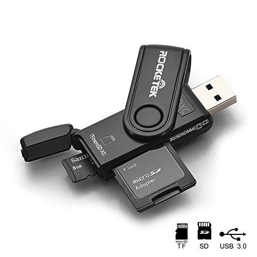 USB 3.0 SD Card Reader, Rocketek 2 Slots Memory Card Reader with a Build-in Micro SD Card Cap for SDXC/SDHC/UHS-I SD Cards, TF/Micro SD Cards Reader - Take It as a USB 3.0 Flash Drive