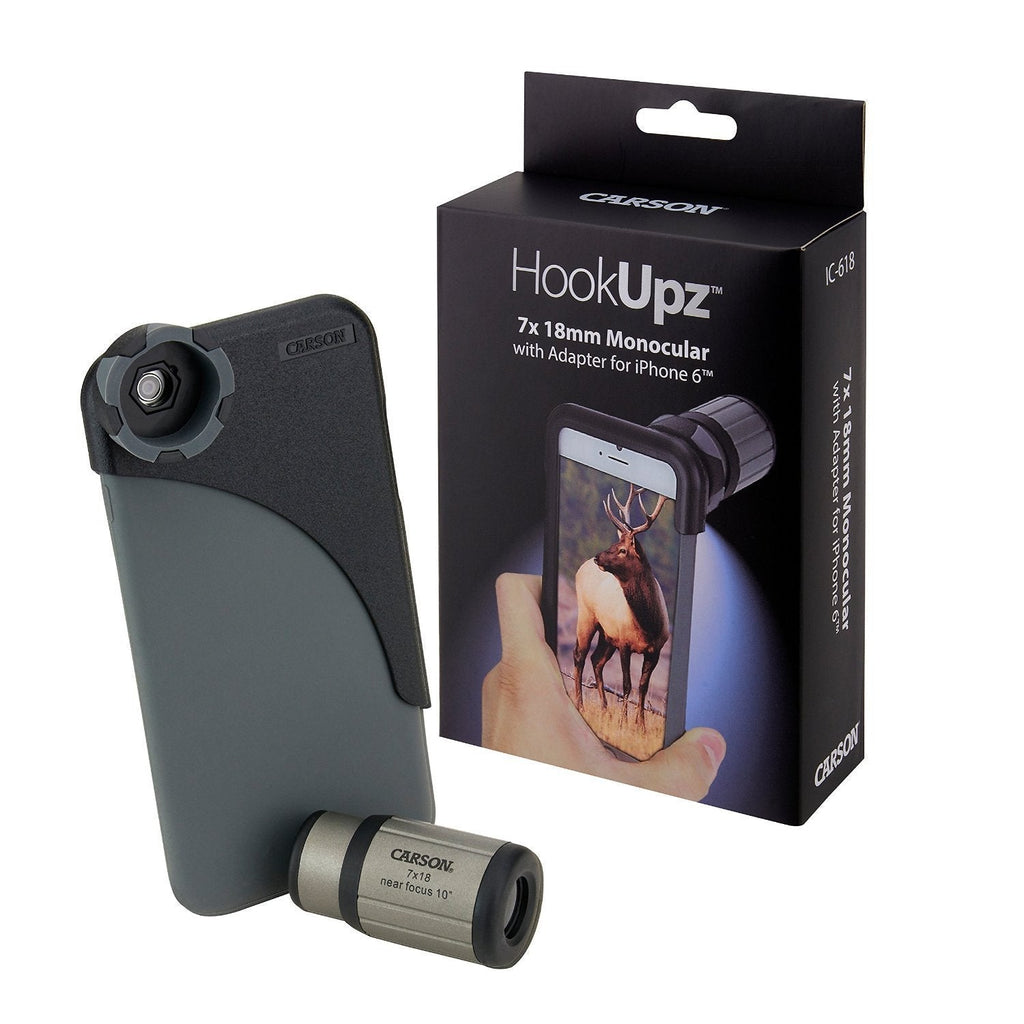 Carson HookUpz iPhone 4/4S/5/5S/SE, iPhone 6/6S, iPhone 6 Plus/6S Plus or Samsung Galaxy S4 Digiscoping Adapters with Close Focus 7x18mm Monocular (IC-518, IC-618, IC-618P, IC-418) iPhone 6 Version