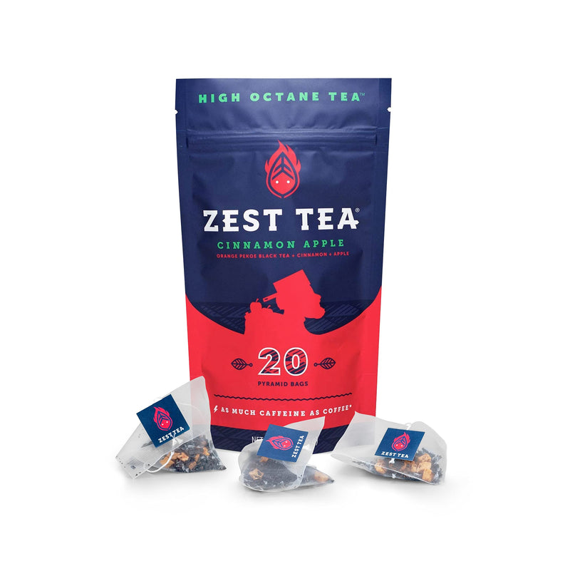 Zest Tea Energy Hot Tea, High Caffeine Blend Natural & Healthy Coffee Substitute, Perfect for Keto, 20 servings (150mg Caffeine each), Compostable Teabags (No Plastic), Cinnamon Apple Black Tea Apple Cinnamon Black Tea