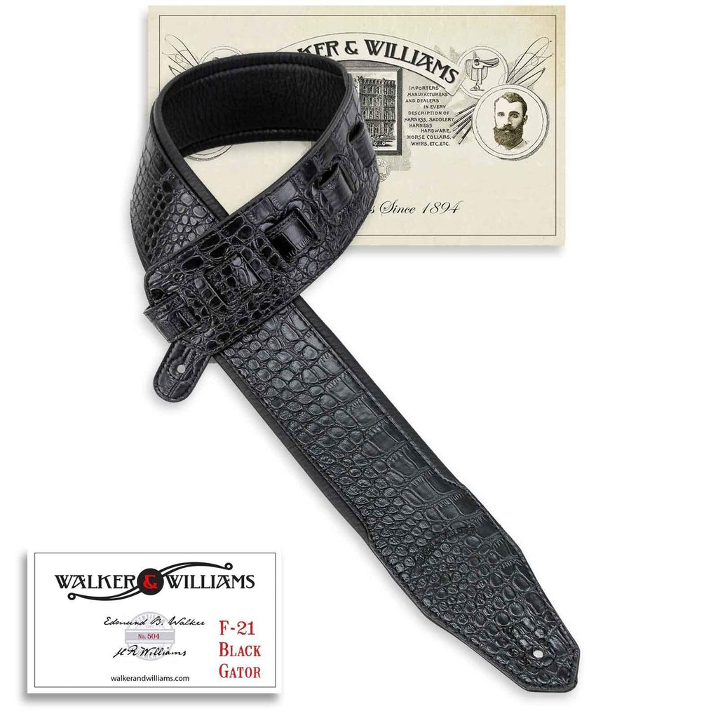 Walker & Williams F-21 Extra Wide Black Gator Strap With Padded Glove Leather Back